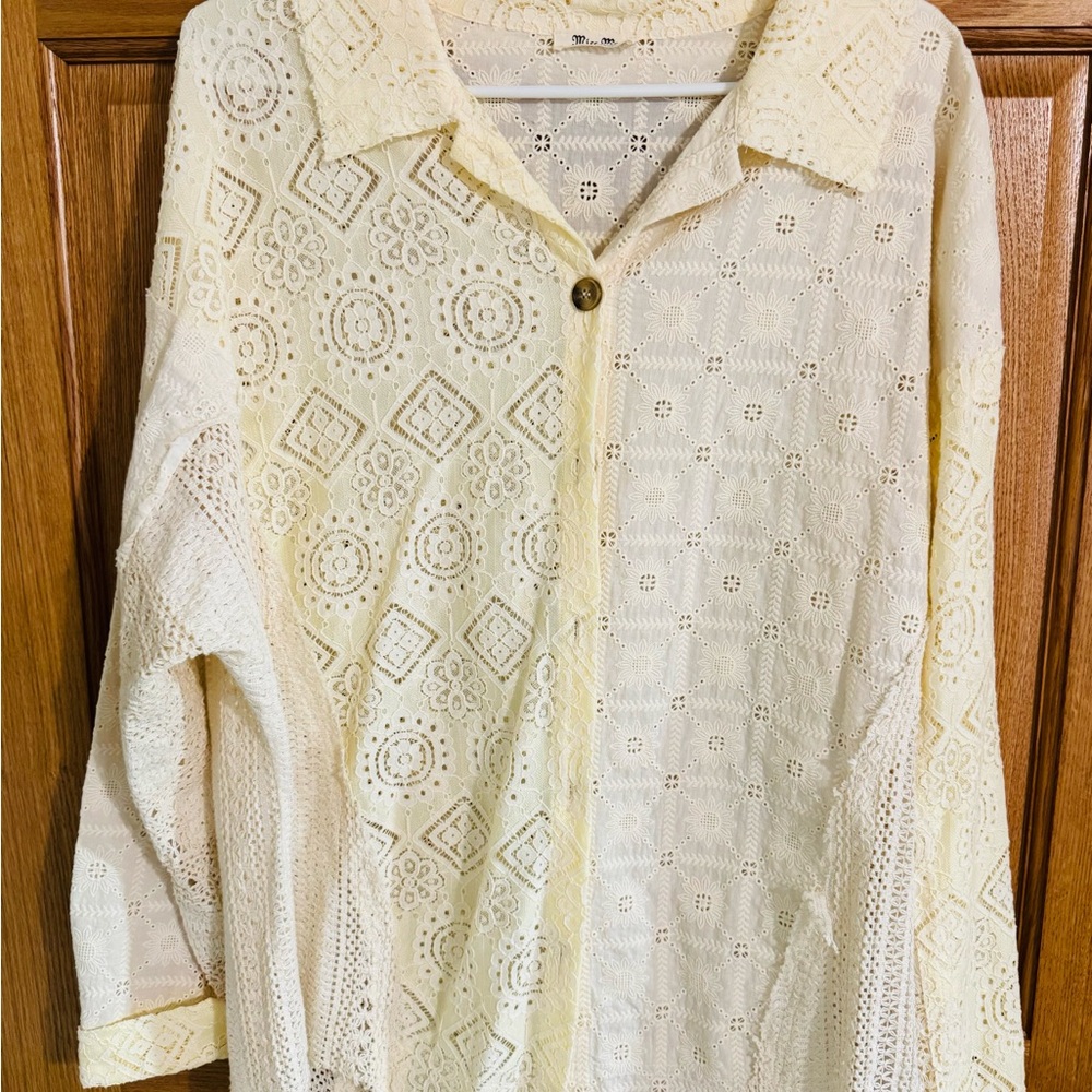 Miss Me Ivory Lace Button Down Blouse